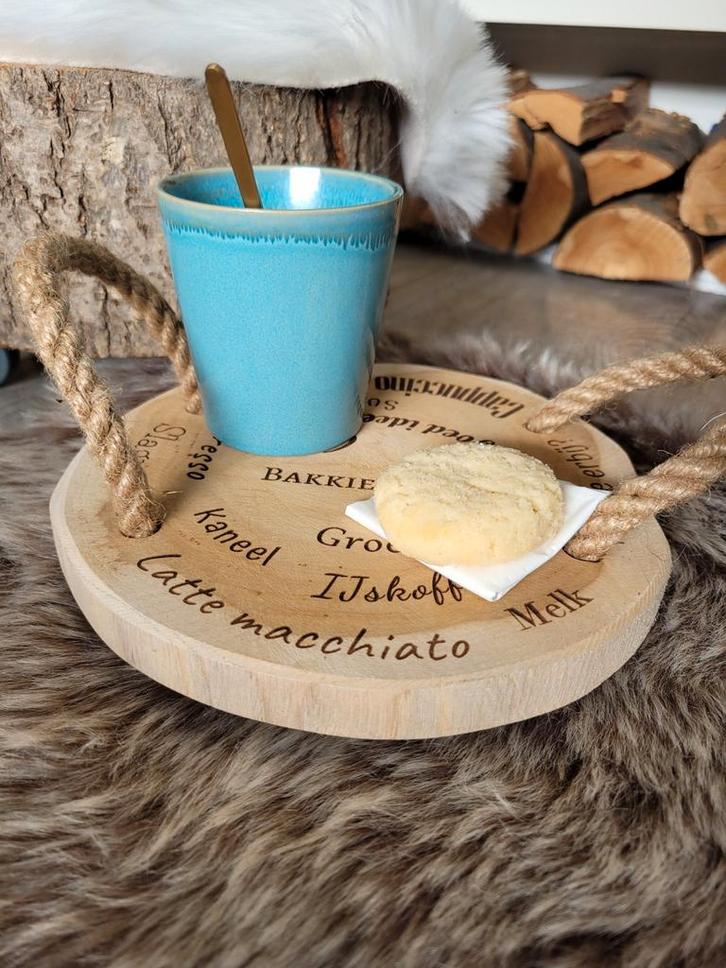 Mangohouten Serveerplank - Koffie/Thee Moment, Huis en Inrichting, Woonaccessoires | Dienbladen, Nieuw, Hout, Rond, Ophalen of Verzenden