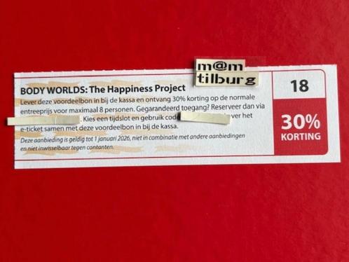 Bon 18 BODY WORLDS: THE HAPPINESS PROJECT 30% korting., Tickets en Kaartjes, Kortingen en Cadeaubonnen, Drie personen of meer