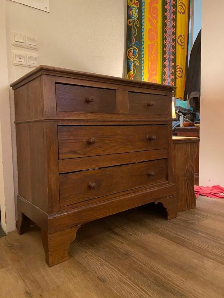 Vintage eiken fineer ladekast, Huis en Inrichting, Kasten | Ladekasten, Zo goed als nieuw, Minder dan 100 cm, 50 tot 100 cm, 25 tot 50 cm