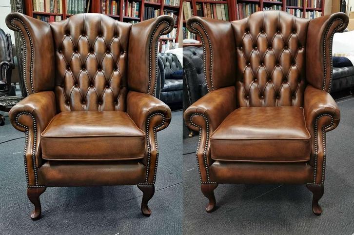 NIEUW 2 x Chesterfield oor fauteuils bruin + GRATIS BEZORGD, Huis en Inrichting, Banken | Bankstellen, Zo goed als nieuw, Rechte bank