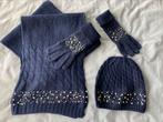 Luxury Blue Knitted Winter Set Scarf Hat Gloves Pearls, Verzenden, Zo goed als nieuw, Sjaal