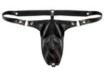 Zwarte leren heren string / slip gay open leer wetlook tanga, Slip, Zwart, Verzenden