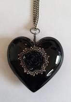 Groot zwart hart met roosje aan lange ketting, Gebruikt, Ophalen of Verzenden, Zilver, Overige materialen