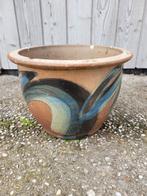 Aardewerk Bloempot met Blauwe Accenten, Ophalen, Gebruikt, 40 cm of meer, Rond