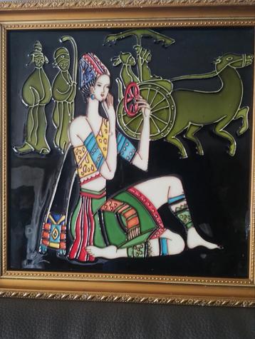 Vintage Aziatisch Tegel Tableau beschikbaar voor biedingen