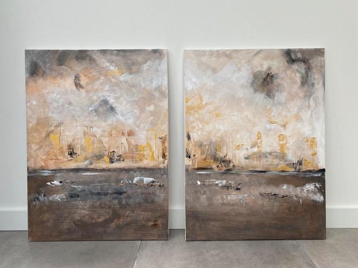 Schilderij abstract Beige/Taupe met Goud, Antiek en Kunst, Kunst | Schilderijen | Klassiek, Ophalen