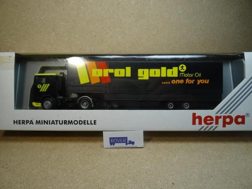 HERPA 1:87, DAF 95 +Volume-Oplegger "OROL-GOLD", Zie Foto`s, Hobby en Vrije tijd, Modelauto's | 1:87, Zo goed als nieuw, Bus of Vrachtwagen