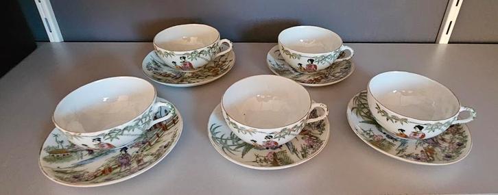 5 Theekopjes met Bordjes - Japans Design, Antiek en Kunst, Antiek | Servies compleet, Ophalen of Verzenden