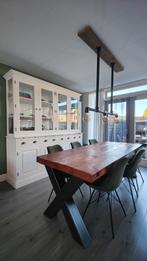 Unieke eetkamertafel 220x89x76,5 blauw staal X poten, 200 cm of meer, Zo goed als nieuw, Vijf personen of meer, Grenenhout