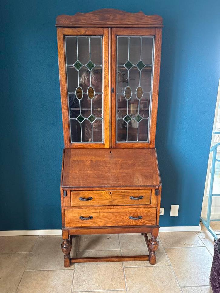 Houten Secretaire met Glas in Lood, Huis en Inrichting, Kasten | Buffetkasten, Gebruikt, 150 tot 200 cm, 50 tot 100 cm, 25 tot 50 cm