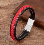 Heren zwarte rode leren armband (leder lederen gevlochten), Verzenden, Nieuw, Leer