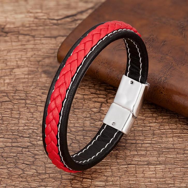 Heren zwarte rode leren armband (leder lederen gevlochten), Sieraden, Tassen en Uiterlijk, Armbanden, Nieuw, Leer, Verzenden