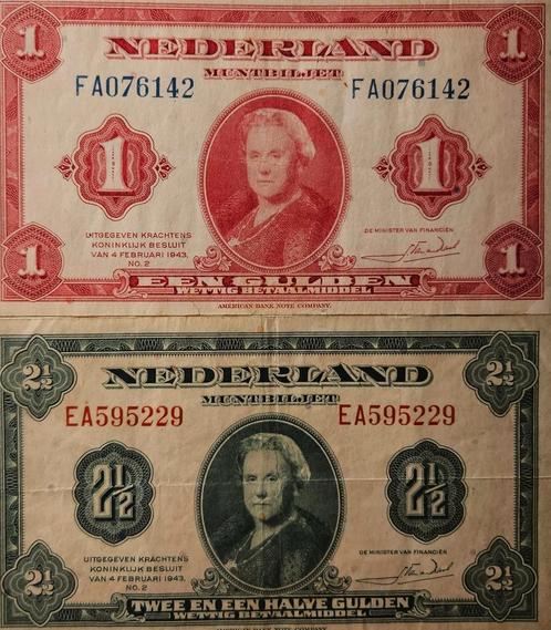 1 Gulden en 2 1/2 Gulden 1943, Postzegels en Munten, Bankbiljetten | Nederland, Verzenden