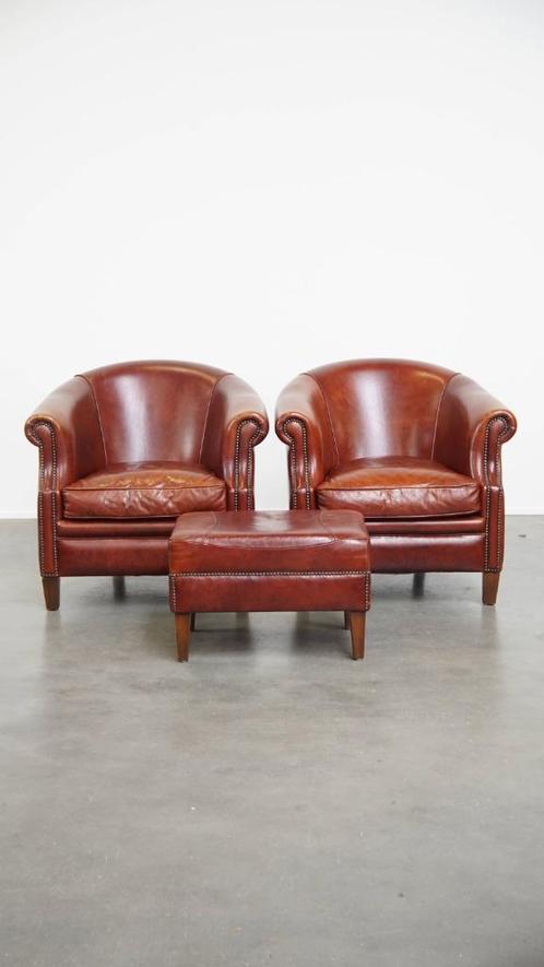 Set van 2 rundleren clubfauteuils + hocker in Engelse stijl, Huis en Inrichting, Fauteuils, Gebruikt, Leer, 75 tot 100 cm, 75 tot 100 cm