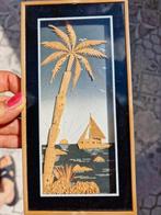 Vintage Kurk schilderij palmboom zee schiep, Ophalen of Verzenden
