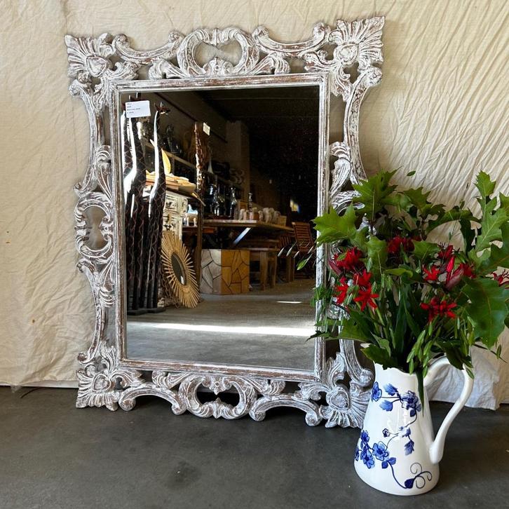 Barok spiegel -houten lijst - wit - 100 x 80 cm - TTM Wonen, Huis en Inrichting, Woonaccessoires | Spiegels, Nieuw, 75 tot 100 cm