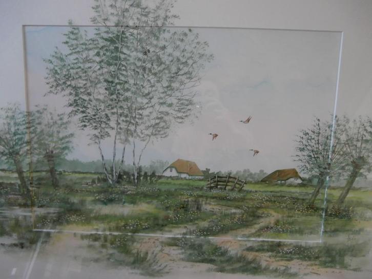 Kunst schilderij jan thiele weiland aquarel tekening boerder, Antiek en Kunst, Kunst | Schilderijen | Klassiek, Ophalen