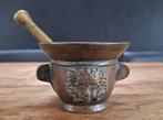 oude antieke bronzen vijzel met gekroonde gezichten stamper, Antiek en Kunst, Ophalen of Verzenden, Brons