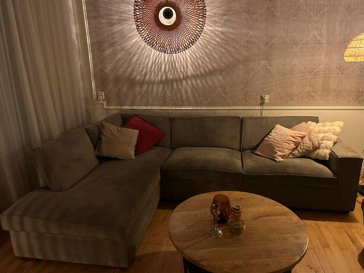 WOOOD Hoekbank Vergrijsd Groen Ribstof, Huis en Inrichting, Banken | Complete zithoeken, Zo goed als nieuw, Stof, Ophalen of Verzenden