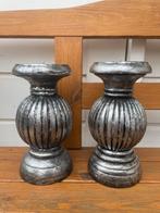 2x kandelaar zwart - zilver 20 cm groot | kaarsen houder, Ophalen of Verzenden, Zo goed als nieuw, Kandelaar, Minder dan 25 cm