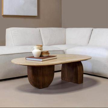 Luxe Japandi Salontafel met Travertin Blad – Tijdloos Design beschikbaar voor biedingen