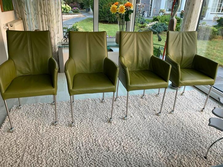 Set van 4 groene lederen eetkamerstoelen, Antiek en Kunst, Antiek | Meubels | Stoelen en Banken, Ophalen of Verzenden