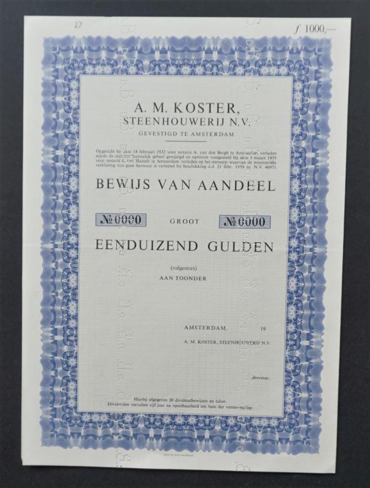 A.M. Koster Steenhouwerij - Amsterdam - 1959, Postzegels en Munten, Aandelen en Waardepapieren, Aandeel, 1950 tot 1970, Verzenden