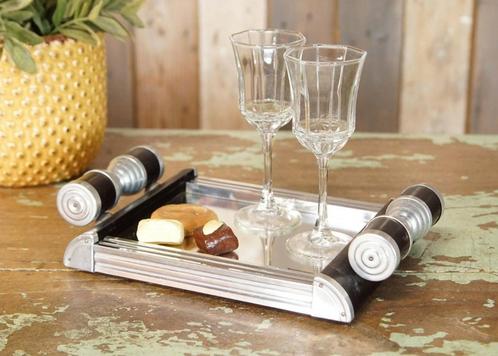 Klein oud art deco dienblad met spiegel en cilinder handvat, Huis en Inrichting, Woonaccessoires | Dienbladen, Gebruikt, Overige materialen