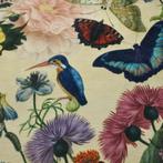 meubelstof, lichtgeel vogel vlinder bloem, Hobby en Vrije tijd, Stoffen en Lappen, 200 cm of meer, Nieuw, Polyester, Ophalen of Verzenden
