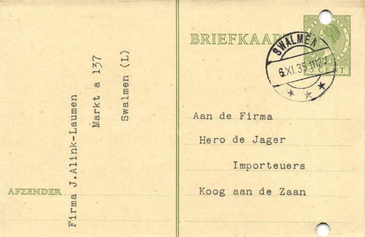 Firma J. Alink-Laumen, Swalmen [L] - 11.1935 - briefkaart, Postzegels en Munten, Brieven en Enveloppen | Nederland, Envelop, Ophalen of Verzenden