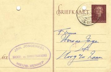 Joh. Jongeneel, Nieuw-Vennep - 09.1953 - briefkaart beschikbaar voor biedingen