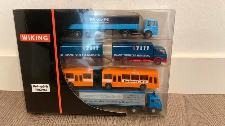 Wiking geschenkset Werbemodelle 1982/83 vrachauto’s en bus, Hobby en Vrije tijd, Modelauto's | 1:87, Zo goed als nieuw, Bus of Vrachtwagen