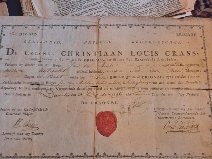 1896 oorkonde Bataafse Republiek colonel Louis Crass, Verzamelen, Militaria | Algemeen, Landmacht, Nederland, Ophalen of Verzenden