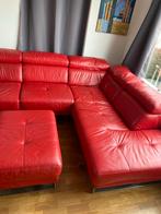 Rode leren hoekbank met Montel, Ophalen, 250 tot 300 cm, Gebruikt, 100 tot 125 cm
