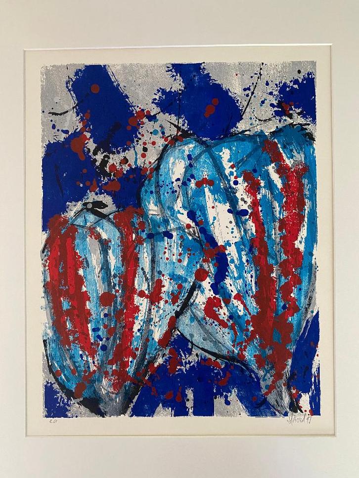 Zeefdruk - Tulpen blauw/rood. EA ’95 - van Hassel, Antiek en Kunst, Kunst | Schilderijen | Abstract, Ophalen
