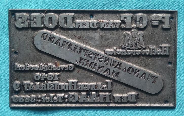 RECLAME DRUKPLAAT PRINTPLAAT CF VAN DER DOES PIANO JAREN 50, Antiek en Kunst, Curiosa en Brocante, Verzenden