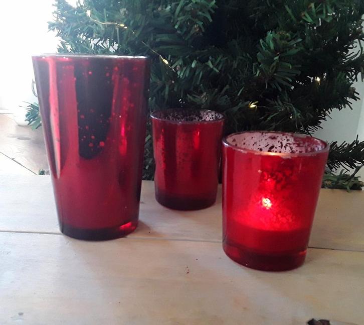 Leuke set waxinelichthouders - rood - binnen armeluiszilver, Diversen, Kerst, Zo goed als nieuw, Ophalen of Verzenden