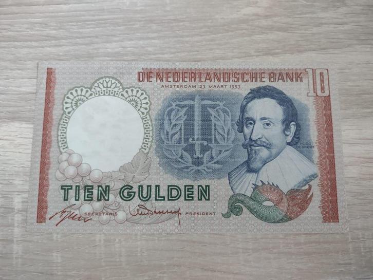 Vrijwel UNC biljet 10 gulden Hugo de Groot, 1953, Postzegels en Munten, Bankbiljetten | Nederland, 10 gulden, Ophalen of Verzenden