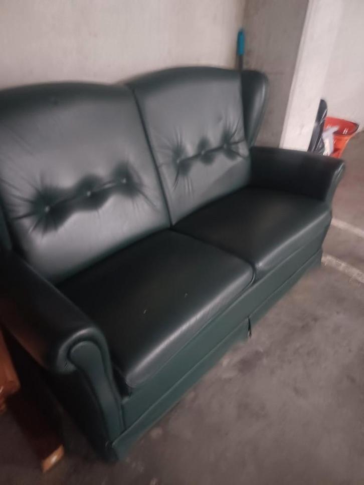 Groene lederen bank - Tweepersoons, Huis en Inrichting, Banken | Bankstellen, Gebruikt, Rechte bank, Tweepersoons, 150 tot 200 cm