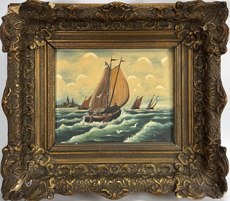 1184. Olieverfschilderij, R. Spoelstra - zeilboot op zee, Antiek en Kunst, Kunst | Schilderijen | Klassiek, Ophalen of Verzenden