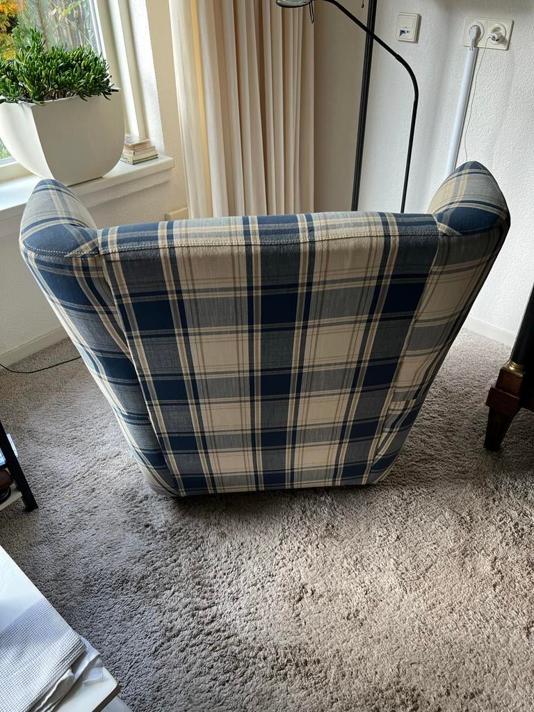 Fauteuil en hokker met Schotse ruit, Ophalen of Verzenden, Gebruikt, Stof, 75 tot 100 cm