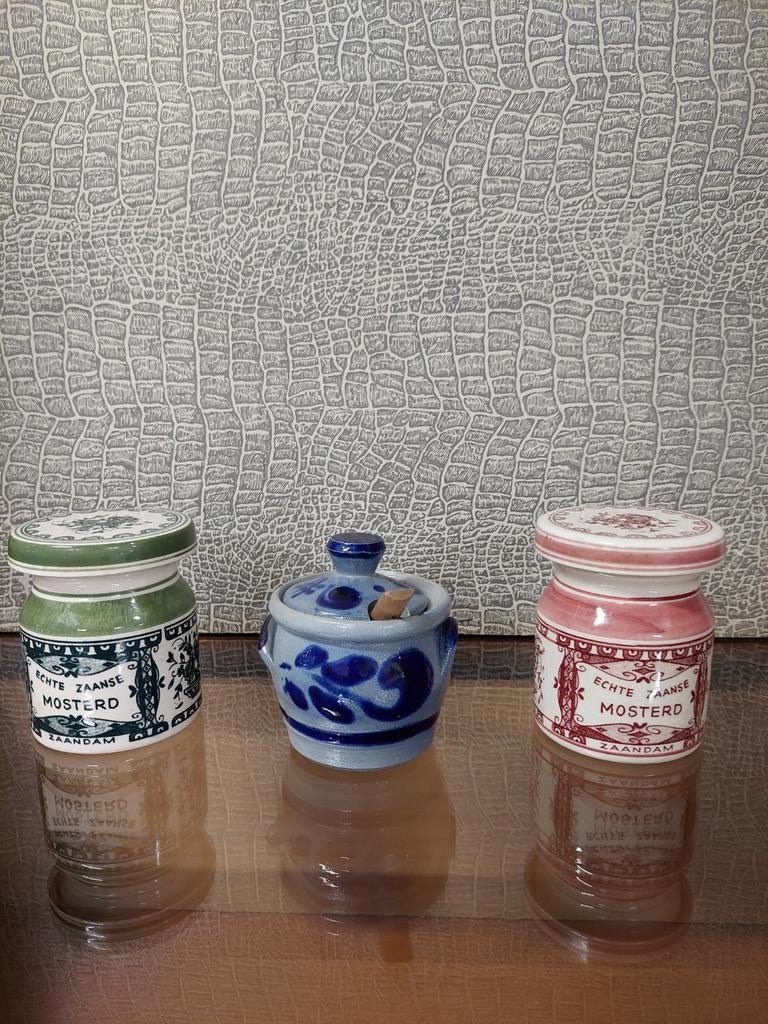 3 Vintage mosterdpotjes, 2 Delft, 1 Keuls aardewerk, Antiek en Kunst, Ophalen of Verzenden