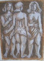 Hubert Bekman "drie vrouwen" sculptuur studie1964 sepiakrijt, Ophalen of Verzenden