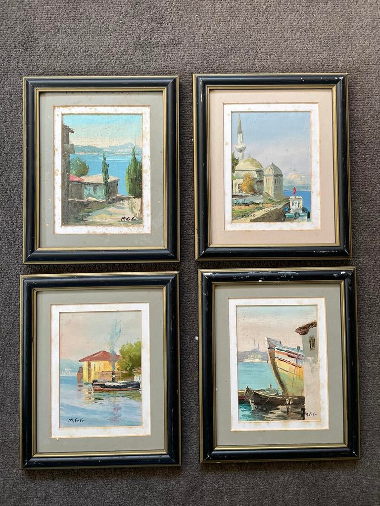 Set van 4 originele Turkse schilderijen uit Istanbul, Ophalen of Verzenden
