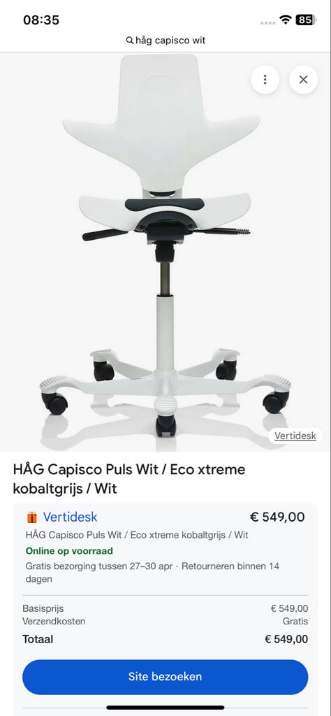 HÅG Capisco Puls 8010 bureaustoel wit, Huis en Inrichting, Bureaustoelen, Wit, Ophalen of Verzenden, Zo goed als nieuw, Bureaustoel