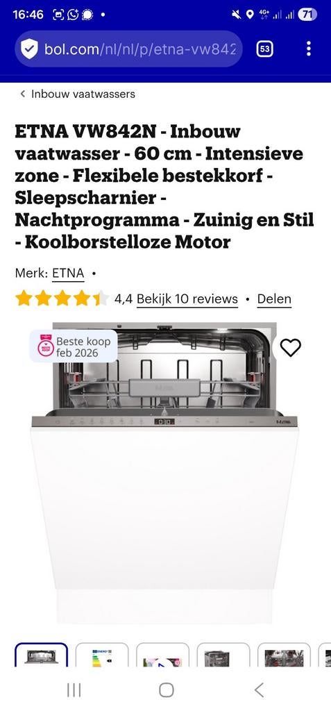 Etna VW842N Inbouwvaatwasser - Z.G.A.N, 60 cm of meer, Ophalen of Verzenden, Zo goed als nieuw, Inbouw