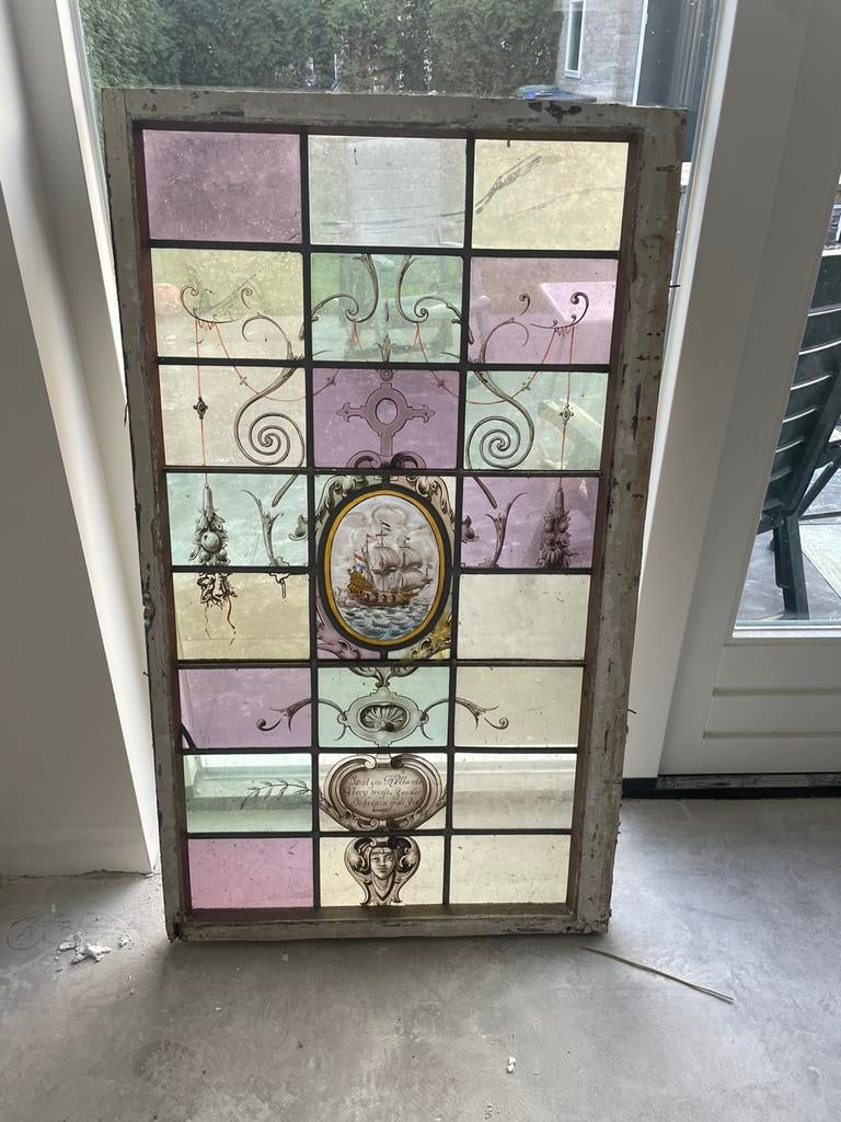 Antiek glas-in-lood raam met schip “Hollands Glorie” 1900, Gevelraam of Ruit, Gebruikt, Minder dan 80 cm, Glas in lood