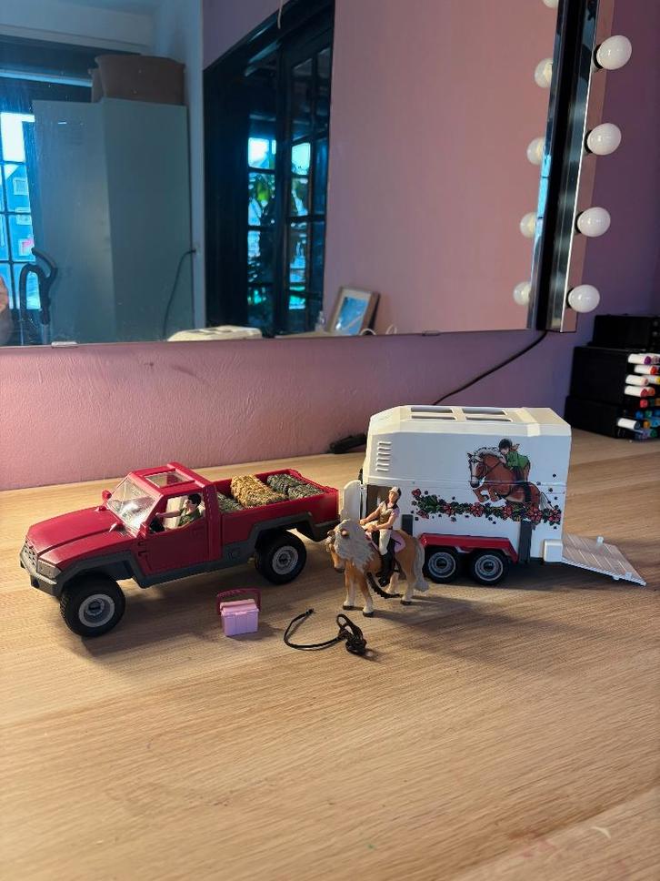 Schleich paardentrailer – auto + trailer + paard + ruiter, Verzamelen, Speelgoed, Gebruikt, Ophalen