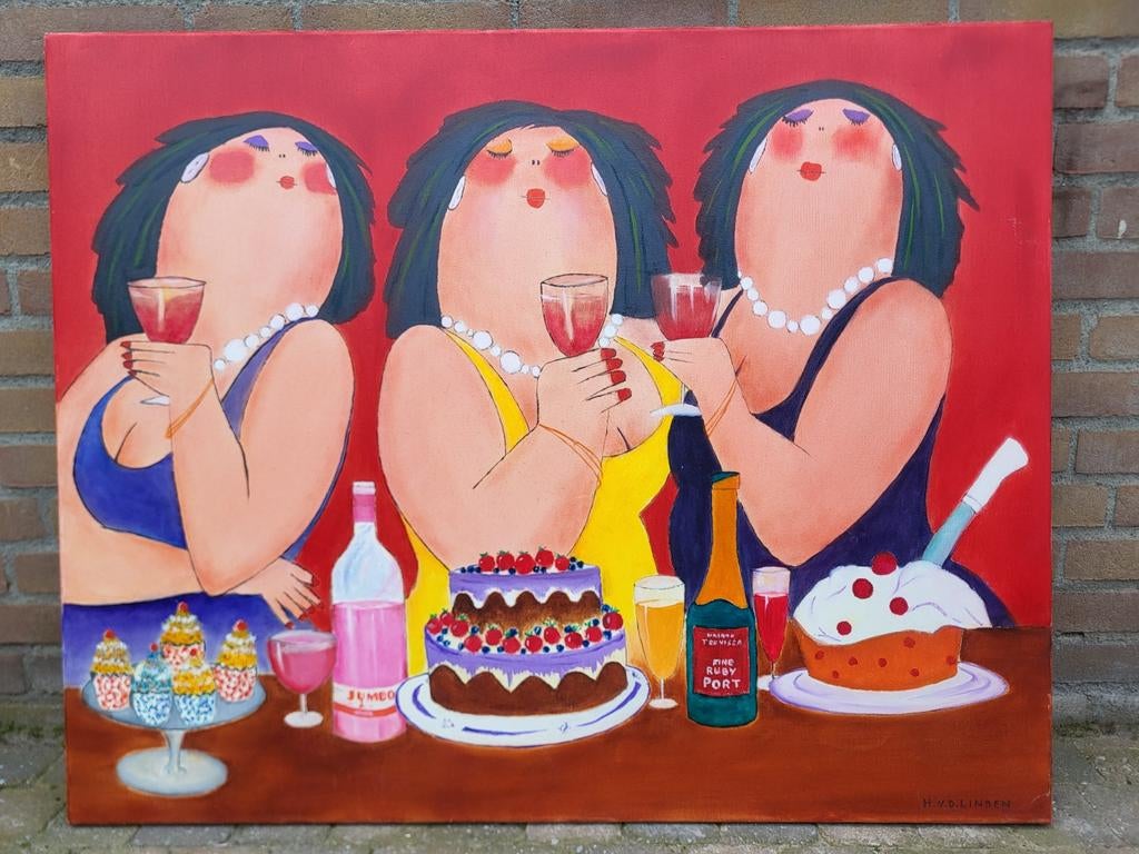 Schilderij 'Dikke Dames' - Feestelijke scène, Antiek en Kunst, Kunst | Schilderijen | Modern, Ophalen