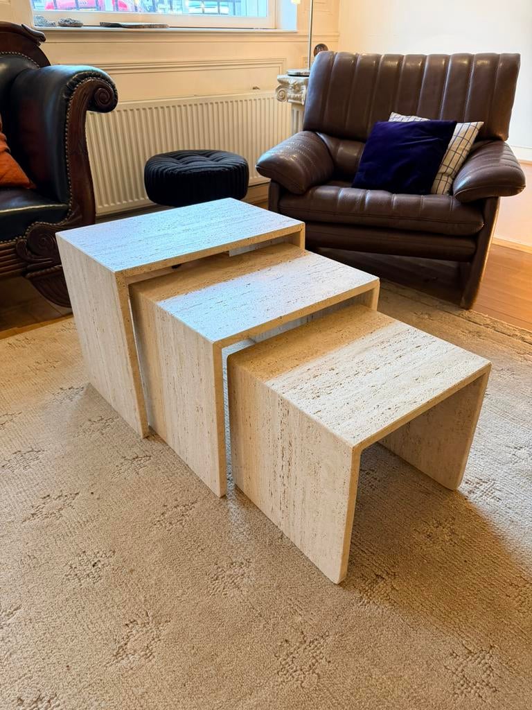 Travertin nesting tafel, Ophalen, Minder dan 55 cm, Zo goed als nieuw, Japandi scandi artdeco travertin marmer